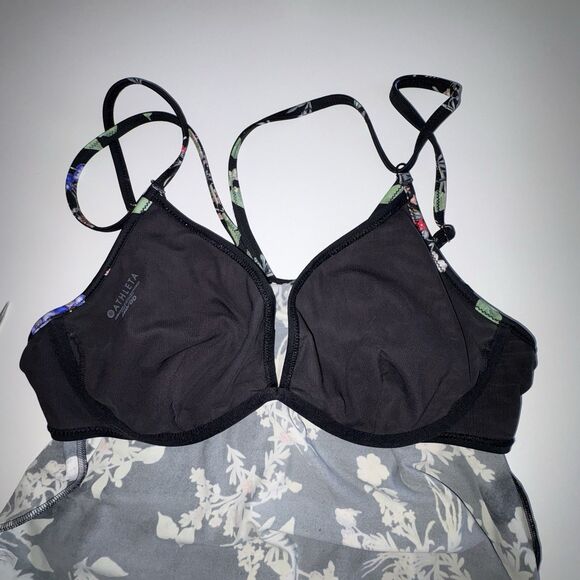 Athleta Gold Coast Black Floral Tankini Swim Top Size 36D/DD Blousy Banded Waist - Picture 10 of 11